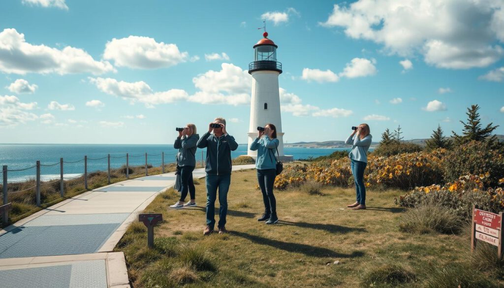 A scenic view of Ottenby lighthouse, showcasing accessibility features in the foreground, such as a smooth path leading towards the lighthouse, with tactile paving and a wheelchair ramp. In the middle ground, a few birdwatchers equipped with binoculars observing the lively birdlife around the coastal area, dressed in modest, casual clothing. In the background, the serene coastal landscape of Öland with crystal-clear water under a bright blue sky, dotted with fluffy white clouds. The shot is taken with a Sony A7R IV at 70mm, sharpened to bring out the intricate details of the lighthouse and surrounding flora. The atmosphere is bright and inviting, evoking a sense of exploration and tranquility, enhanced by the use of a polarized filter to enhance colors and reduce glare.