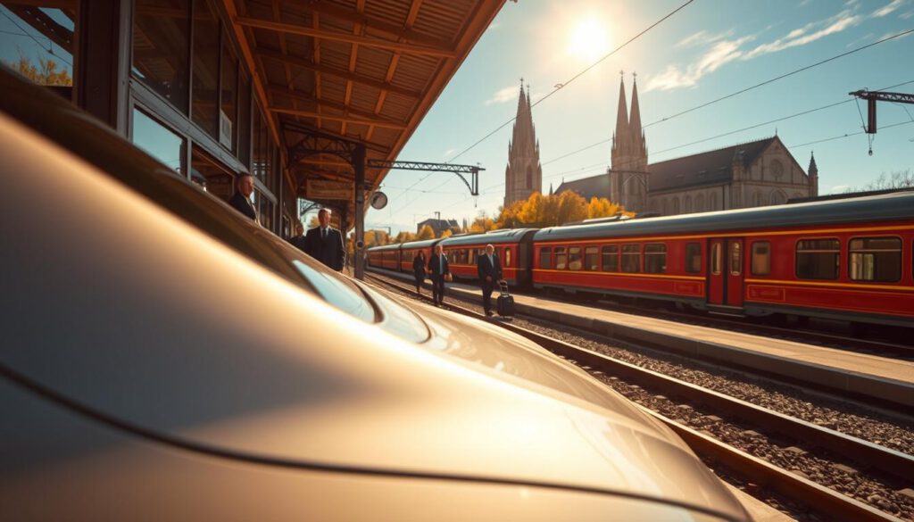 A scenic view of a car parked at a train station in Lund, Sweden, showcasing both modes of transportation. In the foreground, a sleek, modern car with a polished finish, reflecting the soft afternoon light. In the middle ground, a well-maintained railway platform with a vintage-style train waiting, as well as travelers with luggage dressed in professional attire. The background features Lund’s iconic Cathedral, its majestic spires visible against a clear blue sky. The scene is captured with a Sony A7R IV at 70mm, ensuring sharp focus and vivid details. The atmosphere conveys a sense of anticipation and adventure, inviting viewers to explore the historical charm of Lund. The lighting is warm and inviting, emphasizing the allure of this university city. A scenic view of a car parked at a train station in Lund, Sweden, showcasing both modes of transportation. In the foreground, a sleek, modern car with a polished finish, reflecting the soft afternoon light. In the middle ground, a well-maintained railway platform with a vintage-style train waiting, as well as travelers with luggage dressed in professional attire. The background features Lund’s iconic Cathedral, its majestic spires visible against a clear blue sky. The scene is captured with a Sony A7R IV at 70mm, ensuring sharp focus and vivid details. The atmosphere conveys a sense of anticipation and adventure, inviting viewers to explore the historical charm of Lund. The lighting is warm and inviting, emphasizing the allure of this university city.