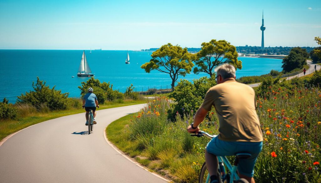 A scenic view of cycling paths along the coastline of Malmö, Sweden. In the foreground, a cyclist in casual attire rides along a smooth, winding path bordered by lush greenery. In the middle ground, several cyclists enjoy the sunny day, with a mix of flowing trees and colorful wildflowers lining the route. The background features the shimmering Baltic Sea, with sailboats gently gliding across the water and the iconic Turning Torso building rising in the distance under a clear blue sky. The lighting is bright and cheerful, capturing the essence of a perfect day for biking, with the shot taken at 70mm for a beautifully detailed perspective. The atmosphere is vibrant and inviting, ideal for cycling enthusiasts. A scenic view of cycling paths along the coastline of Malmö, Sweden. In the foreground, a cyclist in casual attire rides along a smooth, winding path bordered by lush greenery. In the middle ground, several cyclists enjoy the sunny day, with a mix of flowing trees and colorful wildflowers lining the route. The background features the shimmering Baltic Sea, with sailboats gently gliding across the water and the iconic Turning Torso building rising in the distance under a clear blue sky. The lighting is bright and cheerful, capturing the essence of a perfect day for biking, with the shot taken at 70mm for a beautifully detailed perspective. The atmosphere is vibrant and inviting, ideal for cycling enthusiasts.