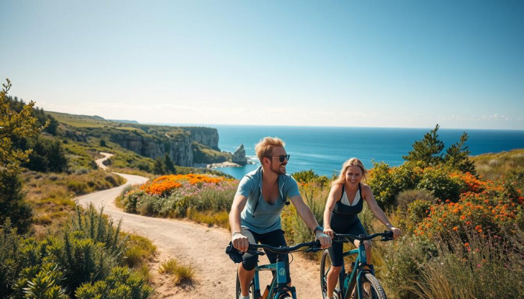 A scenic view showcasing outdoor activities on Gotland, featuring cyclists on a winding path surrounded by lush greenery and unique rauk formations in the background. In the foreground, a couple of people in modest casual clothing enjoy a leisurely bike ride, with smiles reflecting the joy of exploration. The middle ground displays a diverse landscape of rugged limestone cliffs and vibrant wildflowers, contrasting with the tranquil blue of the Baltic Sea under a bright, clear sky. The image is captured with a Sony A7R IV at 70mm, utilizing a polarized filter to enhance colors and sharpness. The lighting is bright and natural, creating an inviting atmosphere that embodies the spirit of adventure on this beautiful island. A scenic view showcasing outdoor activities on Gotland, featuring cyclists on a winding path surrounded by lush greenery and unique rauk formations in the background. In the foreground, a couple of people in modest casual clothing enjoy a leisurely bike ride, with smiles reflecting the joy of exploration. The middle ground displays a diverse landscape of rugged limestone cliffs and vibrant wildflowers, contrasting with the tranquil blue of the Baltic Sea under a bright, clear sky. The image is captured with a Sony A7R IV at 70mm, utilizing a polarized filter to enhance colors and sharpness. The lighting is bright and natural, creating an inviting atmosphere that embodies the spirit of adventure on this beautiful island.
