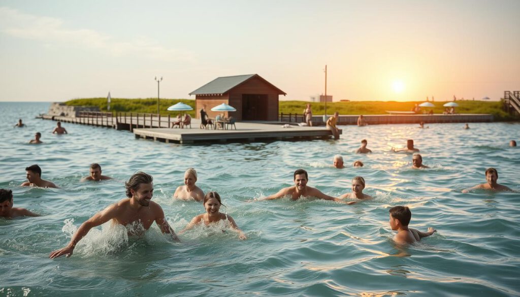 A serene coastal scene at Ribersborgs Kallbadhus in Malmö, featuring a group of diverse people swimming in the clear, turquoise waters of the sea, enjoying the refreshing experience. Foreground elements include swimmers in modest, colorful swim attire, splashing joyfully as they interact amidst gentle waves. The middle ground showcases the wooden dock of the Kallbadhus with its rustic charm and inviting sauna structures, surrounded by lush green grass and beach umbrellas. In the background, a vibrant sunset casts warm golden hues reflecting off the water, enhancing the tranquil atmosphere. Shot with a Sony A7R IV at 70mm, utilize a polarized filter for sharp details and vivid colors, capturing a peaceful yet lively beach ambiance. The scene conveys joy, relaxation, and the beauty of outdoor swimming. A serene coastal scene at Ribersborgs Kallbadhus in Malmö, featuring a group of diverse people swimming in the clear, turquoise waters of the sea, enjoying the refreshing experience. Foreground elements include swimmers in modest, colorful swim attire, splashing joyfully as they interact amidst gentle waves. The middle ground showcases the wooden dock of the Kallbadhus with its rustic charm and inviting sauna structures, surrounded by lush green grass and beach umbrellas. In the background, a vibrant sunset casts warm golden hues reflecting off the water, enhancing the tranquil atmosphere. Shot with a Sony A7R IV at 70mm, utilize a polarized filter for sharp details and vivid colors, capturing a peaceful yet lively beach ambiance. The scene conveys joy, relaxation, and the beauty of outdoor swimming.