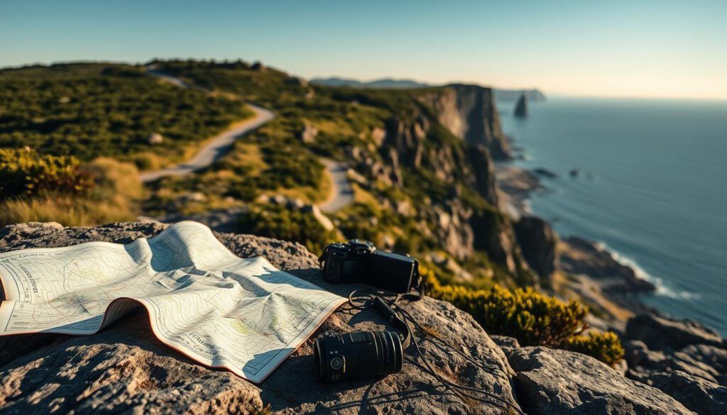 A serene hiking scene along the Höga Kusten coastline in Ångermanland, showcasing detailed maps and navigation tools spread out on a rocky surface in the foreground. Include a well-maintained hiking path winding through lush greenery and unique rock formations in the middle ground. In the background, illustrate the stunning cliffs and an expansive view of the coastline under a clear blue sky, highlighting the natural beauty of the UNESCO World Heritage site. The lighting is warm, evoking a sense of tranquility and adventure. Capture this scene with a Sony A7R IV at 70mm, ensuring sharp focus and vibrant colors, enhanced by a polarized filter, to convey a realistic and inviting atmosphere for hikers exploring the area.
