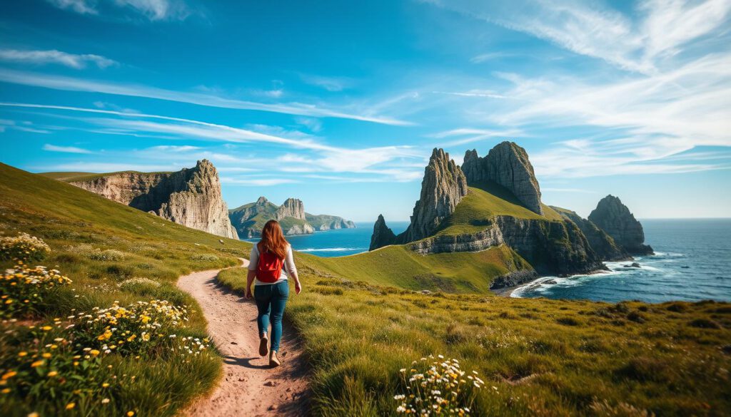 A serene landscape capturing the essence of "Wandern in Fårö," showcasing lush, green hiking trails surrounded by the unique Raukar rock formations. In the foreground, a couple in modest casual clothing is walking hand in hand, enjoying their journey on the winding path that cuts through fields of wildflowers. The middle ground features jagged, weathered cliffs rising dramatically from the sea, with waves gently crashing against their bases. The background reveals a clear blue sky with wispy clouds, reflecting the tranquil atmosphere of a sunny day. Shot with a Sony A7R IV at 70mm, utilizing a polarized filter for rich colors and contrast. The lighting is warm and inviting, emphasizing the natural beauty and peacefulness of outdoor activities on the island. A serene landscape capturing the essence of "Wandern in Fårö," showcasing lush, green hiking trails surrounded by the unique Raukar rock formations. In the foreground, a couple in modest casual clothing is walking hand in hand, enjoying their journey on the winding path that cuts through fields of wildflowers. The middle ground features jagged, weathered cliffs rising dramatically from the sea, with waves gently crashing against their bases. The background reveals a clear blue sky with wispy clouds, reflecting the tranquil atmosphere of a sunny day. Shot with a Sony A7R IV at 70mm, utilizing a polarized filter for rich colors and contrast. The lighting is warm and inviting, emphasizing the natural beauty and peacefulness of outdoor activities on the island.
