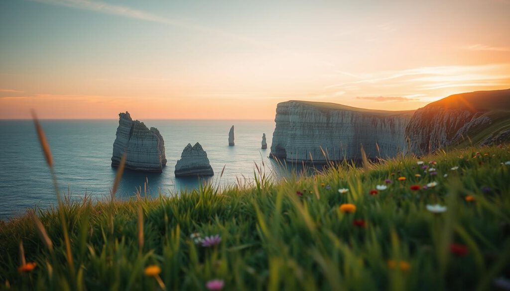 A serene landscape of Fårö, featuring the unique raukar rock formations emerging dramatically from the azure sea. In the foreground, lush green grasses gently sway in the soft breeze, dotted with wildflowers in vibrant colors. The middle ground showcases the iconic limestone cliffs, their rugged textures exquisitely detailed against the expansive sky. The background is dominated by a radiant sunset, casting warm golden and pink hues over the water, creating a tranquil yet slightly dramatic atmosphere. Captured with a Sony A7R IV at 70mm, the image displays sharp focus and clarity. A polarized filter enriches the colors and enhances the contrast, inviting viewers to experience the enchanting beauty of Fårö's nature. A serene landscape of Fårö, featuring the unique raukar rock formations emerging dramatically from the azure sea. In the foreground, lush green grasses gently sway in the soft breeze, dotted with wildflowers in vibrant colors. The middle ground showcases the iconic limestone cliffs, their rugged textures exquisitely detailed against the expansive sky. The background is dominated by a radiant sunset, casting warm golden and pink hues over the water, creating a tranquil yet slightly dramatic atmosphere. Captured with a Sony A7R IV at 70mm, the image displays sharp focus and clarity. A polarized filter enriches the colors and enhances the contrast, inviting viewers to experience the enchanting beauty of Fårö's nature.