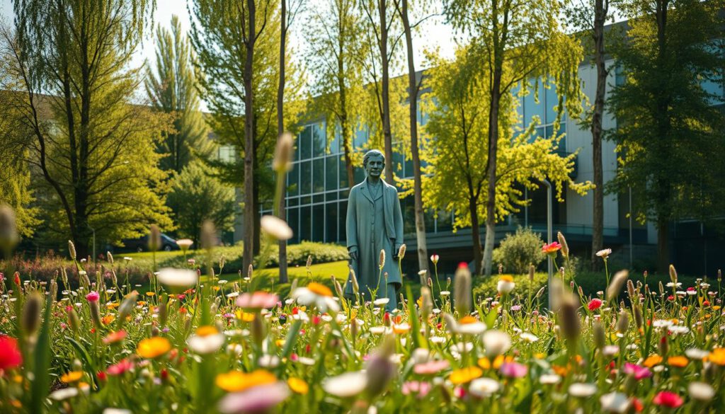 A serene tribute to Sara Lidman, featuring a lush natural landscape in Skellefteå. In the foreground, a beautifully manicured garden filled with wildflowers, symbolizing creativity and inspiration. The middle ground showcases a modest yet elegant statue of Sara Lidman, facing the viewer, dressed in simple yet dignified attire. Surrounding her are tall birch trees swaying gently in the breeze, their leaves shimmering in the sunlight. The background reveals the modern architecture of Sara Kulturhus, harmoniously blending with the natural environment, reflecting sustainable design principles. Bright, soft lighting enhances the atmosphere of peace and reflection, captured with a Sony A7R IV at 70mm, ensuring crisp focus and clarity. The scene conveys a mood of reverence and admiration, inviting contemplation on the legacy of Sara Lidman.