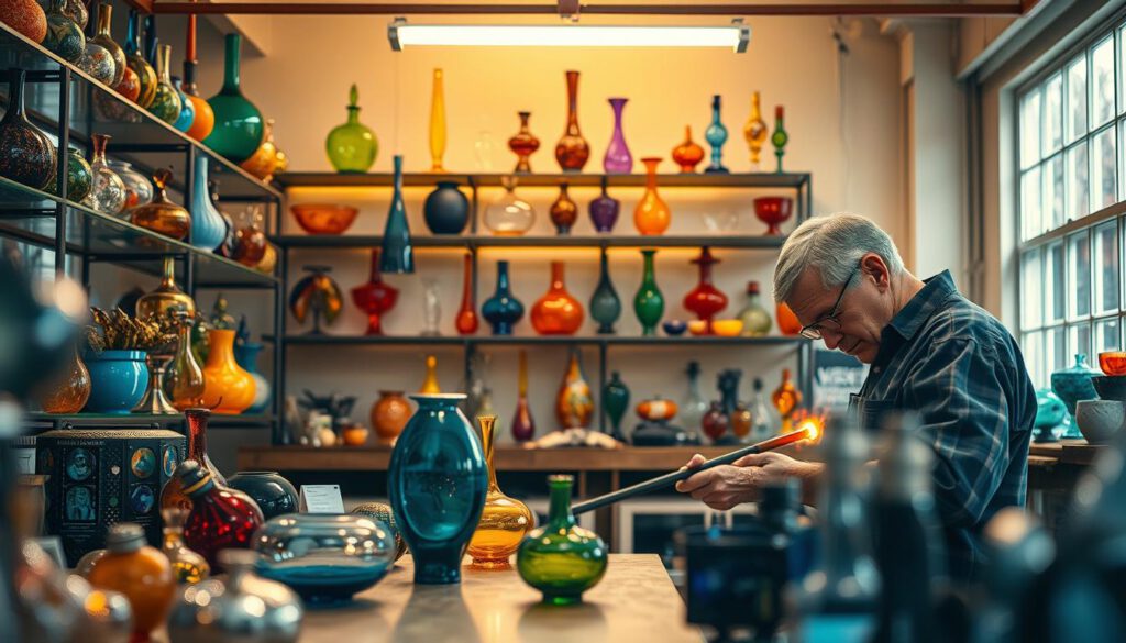 A stunning display of Kosta Boda glass art, featuring intricately designed glass pieces in various vibrant colors, set against a well-lit workshop backdrop. In the foreground, showcase a master glassblower in professional attire, skillfully shaping molten glass with expert precision. The middle layer reveals shelves lined with unique, eye-catching glass sculptures and functional art, radiating creativity and craftsmanship. The background captures the warm ambiance of the glass studio, illuminated by soft natural light streaming through large windows, enhancing the textures and colors of the glass. The image is captured with a Sony A7R IV at 70mm, sharply defined, with a polarized filter to accentuate the reflections and clarity of the glass. The overall mood conveys artistry, craftsmanship, and the rich tradition of glassmaking.