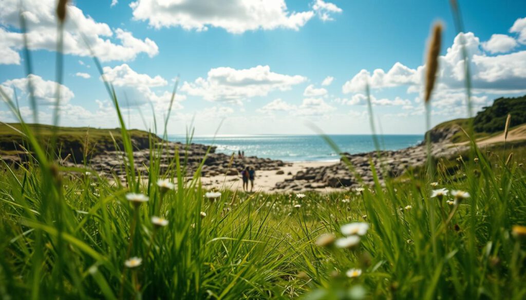 A stunning summer scene on Fårö Island, highlighting its natural beauty and serene atmosphere. In the foreground, lush green grasses and delicate wildflowers sway gently in the breeze, inviting relaxation. The middle ground features a rocky coastline with gentle waves lapping at the shore, showcasing a peaceful beach where visitors are enjoying nature without distractions. In the background, the vibrant blue sky meets the horizon, dotted with fluffy white clouds, casting soft, dappled sunlight on the landscape. Captured with a Sony A7R IV at 70mm, the image is sharply defined and clearly focused with a polarized filter, enhancing the vivid colors and dynamic contrast, conveying a mood of tranquility and outdoor exploration. No human subjects are present. A stunning summer scene on Fårö Island, highlighting its natural beauty and serene atmosphere. In the foreground, lush green grasses and delicate wildflowers sway gently in the breeze, inviting relaxation. The middle ground features a rocky coastline with gentle waves lapping at the shore, showcasing a peaceful beach where visitors are enjoying nature without distractions. In the background, the vibrant blue sky meets the horizon, dotted with fluffy white clouds, casting soft, dappled sunlight on the landscape. Captured with a Sony A7R IV at 70mm, the image is sharply defined and clearly focused with a polarized filter, enhancing the vivid colors and dynamic contrast, conveying a mood of tranquility and outdoor exploration. No human subjects are present.