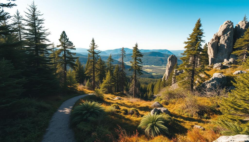 A stunning view of Nationalpark Skuleskogen, showcasing dense green forests interspersed with rugged granite cliffs under a bright blue sky. In the foreground, a winding hiking path meanders through lush ferns and vibrant moss, inviting exploration. The middle ground features towering pine trees and the rocky landscape characteristic of the Höga Kusten region. In the background, distant hills rise gently, bathed in warm sunlight, enhancing the scene's tranquil ambiance. The image is shot with a Sony A7R IV at 70mm, ensuring crystal-clear focus on the intricate textures of the trees and rocks, with a polarized filter to enhance colors and reduce glare. The mood is serene, evoking a sense of adventure and natural beauty.