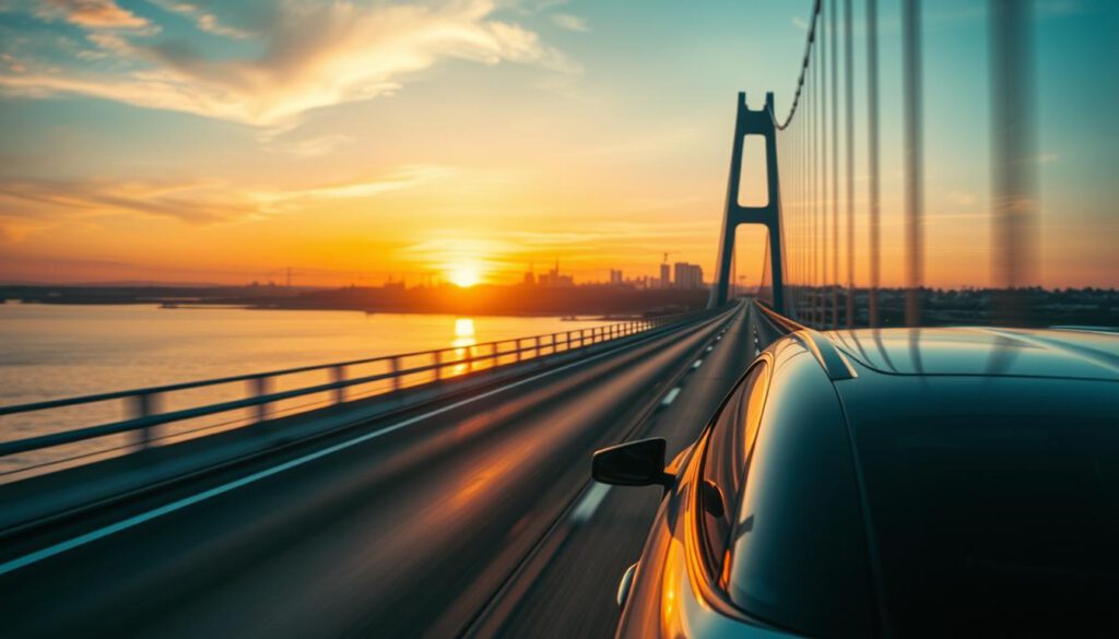 A stunning view of the Öresund Bridge connecting Malmö and Copenhagen during a vibrant sunset. In the foreground, capture a sleek, modern vehicle on the bridge, highlighting its journey. The middle ground features the expansive roadway of the bridge, with dynamic lines drawing the eye toward the horizon. In the background, the city skyline of both Malmö and Copenhagen can be seen, blending into the warm hues of the sunset. The scene is illuminated with soft, golden light, enhancing the tranquil yet adventurous atmosphere of travel. Shot with a Sony A7R IV at 70mm, sharply focused with a polarized filter, creating vivid colors and clear details, perfect for illustrating the essence of travel time across this iconic structure. A stunning view of the Öresund Bridge connecting Malmö and Copenhagen during a vibrant sunset. In the foreground, capture a sleek, modern vehicle on the bridge, highlighting its journey. The middle ground features the expansive roadway of the bridge, with dynamic lines drawing the eye toward the horizon. In the background, the city skyline of both Malmö and Copenhagen can be seen, blending into the warm hues of the sunset. The scene is illuminated with soft, golden light, enhancing the tranquil yet adventurous atmosphere of travel. Shot with a Sony A7R IV at 70mm, sharply focused with a polarized filter, creating vivid colors and clear details, perfect for illustrating the essence of travel time across this iconic structure.