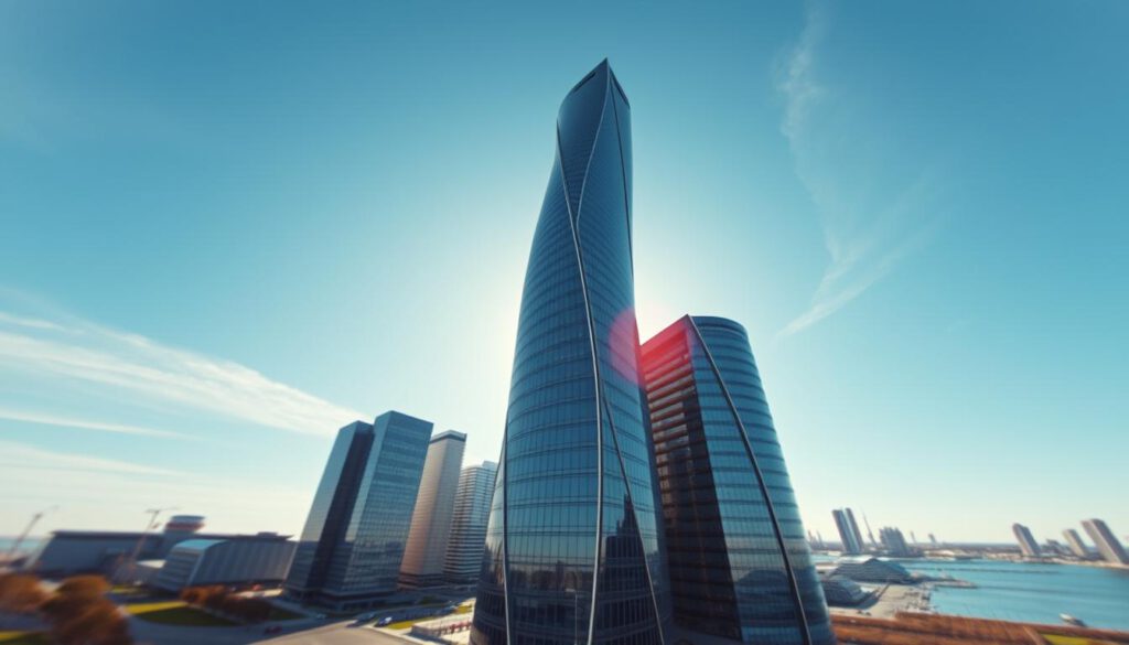 A stunning virtual tour of Turning Torso, Malmö, featuring the iconic twisting skyscraper rising majestically against a blue sky. In the foreground, show a sleek, modern digital interface with interactive elements highlighting various viewing angles of the building. The middle ground showcases the unique design of Turning Torso, with its distinct twisting shape and reflective glass façade glistening in natural light. In the background, depict the Malmö skyline with additional contemporary buildings and a vibrant waterfront. The scene is captured with a Sony A7R IV at 70mm, offering sharp details and vivid colors, enhanced by a polarized filter to enrich contrast and depth. The atmosphere conveys a sense of innovation and exploration, inviting viewers on a captivating journey through this architectural marvel.