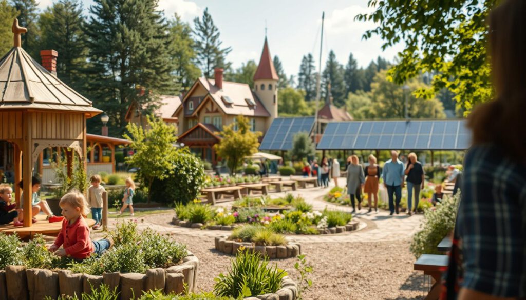 A vibrant and enchanting scene depicting sustainability in Astrid Lindgren's World, set in a family-friendly amusement park in Vimmerby. In the foreground, a children's play area crafted from natural materials like wood and greenery, bustling with kids in modest casual clothing enjoying eco-friendly play structures. The middle ground showcases a beautiful garden filled with native plants and flowers, with families walking along sustainable pathways made of recycled materials. The background features whimsical buildings inspired by Lindgren's stories, surrounded by lush trees and solar panels subtly integrated into the landscape. The light is bright and warm, capturing a sunny day, with a soft focus on the play area. The mood is joyful and harmonious, reflecting a commitment to environmental consciousness. Shot on Sony A7R IV 70mm, with a polarized filter, ensuring a crisp, clear image.