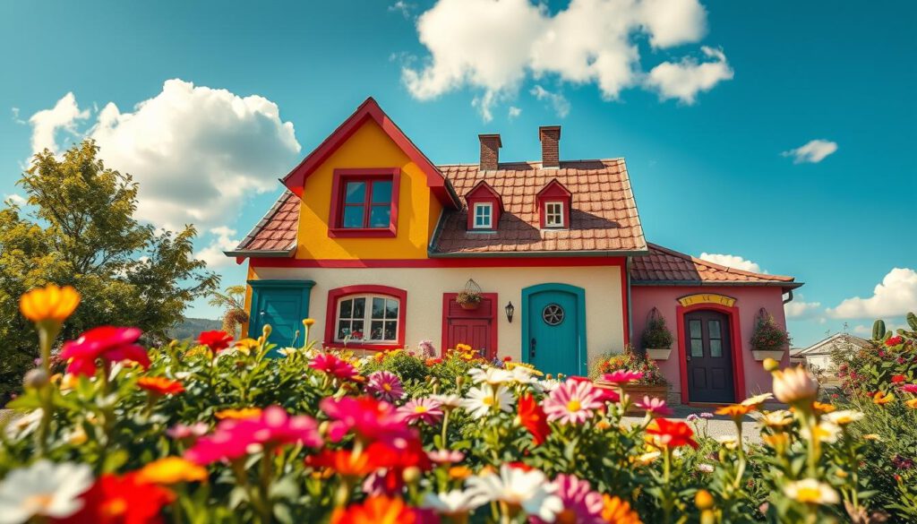 A vibrant and whimsical depiction of Pippi Langstrumpf's Villa Kunterbunt, showcasing its colorful exterior with a quirky design of mismatched windows and doors. In the foreground, a lush garden filled with blooming flowers and playful decorations invites visitors. The middle ground features the villa itself prominently, with its distinctively painted walls and charming roof, bathed in warm, inviting sunlight. The background reveals a clear blue sky dotted with fluffy clouds, adding to the cheerful atmosphere. Shot on a Sony A7R IV at 70mm with a polarized filter, the scene is clearly focused and sharply defined, capturing the essence of joy and adventure. The overall mood is bright and enchanting, inviting viewers to imagine the fun awaiting them at Villa Kunterbunt.