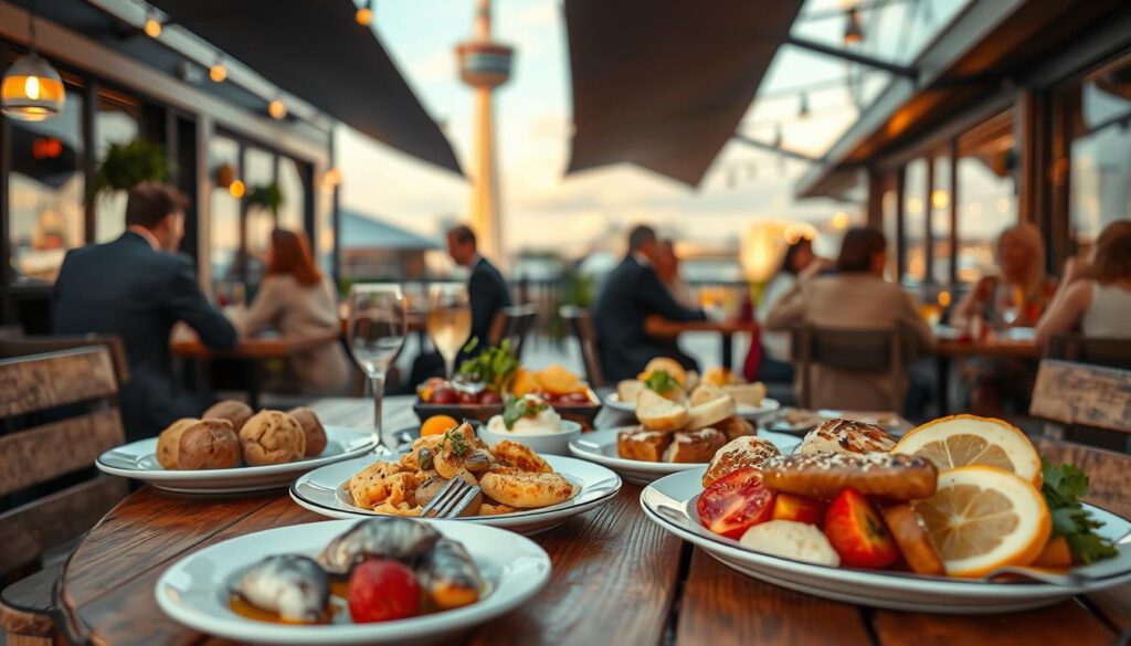 A vibrant culinary scene in Malmö, featuring an inviting outdoor dining setup with a rustic wooden table adorned with colorful plates of traditional Swedish dishes like meatballs, herring, and fresh seafood. In the foreground, a beautifully arranged platter with fresh fruits and pastries glistens under soft, warm lighting. The middle ground showcases a cozy restaurant ambiance with well-dressed people enjoying their meals, dressed in smart casual attire, engaging in lively conversation. In the background, iconic Malmö architecture like the Turning Torso towers majestically, subtly blurred to emphasize the culinary delights. Shot on a Sony A7R IV at 70mm, clearly focused, sharply defined, utilizing a polarized filter to enhance colors and contrasts, conveying a lively yet relaxed atmosphere of fine dining in Malmö.