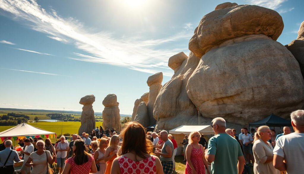 A vibrant cultural celebration on Gotland, showcasing a lively outdoor festival scene amidst the unique rauk landscape. In the foreground, groups of people in modest casual clothing enjoy traditional music and dance, with colorful decorations and stalls in the vicinity. The middle ground features unique limestone rock formations, the rauks, beautifully illuminated by warm, golden sunlight filtering through a blue sky. In the background, lush green fields and distant hills create a serene backdrop. The image captures an inviting atmosphere, filled with joy and excitement, with a focus on sharp details and clarity, as if shot on a Sony A7R IV at 70mm with a polarized filter, ensuring vibrant colors and defined textures. A vibrant cultural celebration on Gotland, showcasing a lively outdoor festival scene amidst the unique rauk landscape. In the foreground, groups of people in modest casual clothing enjoy traditional music and dance, with colorful decorations and stalls in the vicinity. The middle ground features unique limestone rock formations, the rauks, beautifully illuminated by warm, golden sunlight filtering through a blue sky. In the background, lush green fields and distant hills create a serene backdrop. The image captures an inviting atmosphere, filled with joy and excitement, with a focus on sharp details and clarity, as if shot on a Sony A7R IV at 70mm with a polarized filter, ensuring vibrant colors and defined textures.