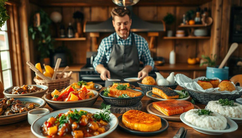 A vibrant display of regional specialties in Umeå, Sweden, showcasing traditional dishes like reindeer stew, cured salmon, and potato cakes. In the foreground, a beautifully arranged wooden table laden with these delicacies, garnished with fresh herbs and colorful vegetables. In the middle, a smiling local chef in a modest apron carefully plates the food, accentuating the cultural significance of the cuisine. The background features a cozy, rustic Swedish kitchen adorned with birch wood elements, warm lighting creating an inviting atmosphere. Shot with a Sony A7R IV at 70mm, ensuring a clearly focused, sharply defined image with a polarized filter to enhance color saturation and depth. The mood is warm and welcoming, reflecting Umeå's charm as a cultural hub.