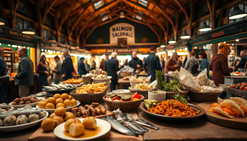 A vibrant food market scene in Malmö, showcasing a blend of local and international cuisines. In the foreground, a diverse array of dishes including traditional Swedish meatballs, fresh herring, and international street food like tacos and sushi, beautifully arranged on rustic wooden tables. In the middle ground, people of various backgrounds, dressed in casual yet modest attire, enjoying the food and engaging in conversation, creating a lively atmosphere. The background features the charming architecture of Malmö Saluhall with its colorful stalls and inviting ambiance. The lighting is warm and inviting, with soft shadows creating depth. Captured with a Sony A7R IV at 70mm, ensuring sharp focus and vivid color saturation, enhanced by a polarized filter. The overall mood is festive and communal. A vibrant food market scene in Malmö, showcasing a blend of local and international cuisines. In the foreground, a diverse array of dishes including traditional Swedish meatballs, fresh herring, and international street food like tacos and sushi, beautifully arranged on rustic wooden tables. In the middle ground, people of various backgrounds, dressed in casual yet modest attire, enjoying the food and engaging in conversation, creating a lively atmosphere. The background features the charming architecture of Malmö Saluhall with its colorful stalls and inviting ambiance. The lighting is warm and inviting, with soft shadows creating depth. Captured with a Sony A7R IV at 70mm, ensuring sharp focus and vivid color saturation, enhanced by a polarized filter. The overall mood is festive and communal.