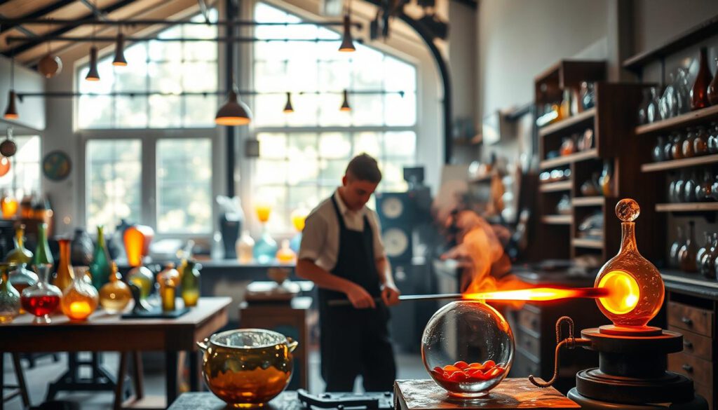 A vibrant glassblowing workshop in the heart of Glasreich, showcasing a skilled artisan shaping molten glass into delicate forms. In the foreground, the glassblower, dressed in professional attire, is focused on their craft, surrounded by shimmering, colorful glass pieces. The middle ground features a wooden workbench with tools and glowing glass, while the background reveals a bright, airy studio filled with natural light streaming through large windows. Ethereal reflections of the glass sculptures dance on the walls, creating a warm and inviting atmosphere. Captured with a Sony A7R IV at 70mm, the image is sharply defined with a polarized filter, emphasizing the intricate details of the glasswork and the subtle play of light and color, evoking a sense of creativity and craftsmanship.