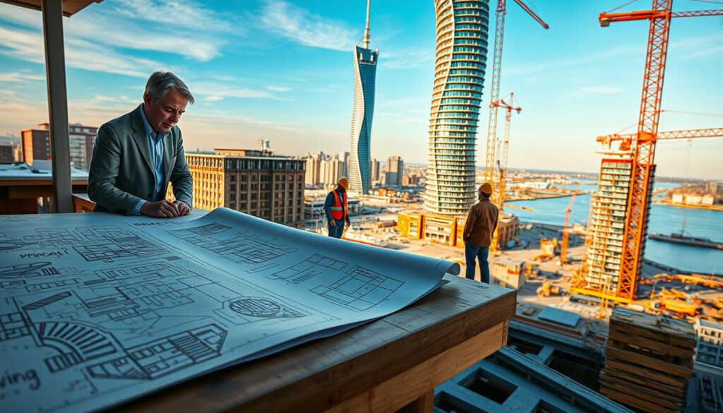 A vibrant historical depiction of the Turning Torso in Malmö, showcasing the evolution of its architectural design from concept sketches to the finished skyscraper. In the foreground, include detailed architectural plans and models laid out on a drafting table, with an architect in professional attire, closely examining them. The middle ground should prominently feature the Turning Torso itself, spiraling majestically against a clear blue sky, while construction workers in modest casual clothing are actively engaged in various phases of building the structure. In the background, capture the Malmö skyline and waterfront, bathed in warm, golden hour lighting, enhancing the mood of innovation and ambition. The image should be sharply defined, shot with a Sony A7R IV at 70mm, utilizing a polarized filter for clarity and contrast. A vibrant historical depiction of the Turning Torso in Malmö, showcasing the evolution of its architectural design from concept sketches to the finished skyscraper. In the foreground, include detailed architectural plans and models laid out on a drafting table, with an architect in professional attire, closely examining them. The middle ground should prominently feature the Turning Torso itself, spiraling majestically against a clear blue sky, while construction workers in modest casual clothing are actively engaged in various phases of building the structure. In the background, capture the Malmö skyline and waterfront, bathed in warm, golden hour lighting, enhancing the mood of innovation and ambition. The image should be sharply defined, shot with a Sony A7R IV at 70mm, utilizing a polarized filter for clarity and contrast.