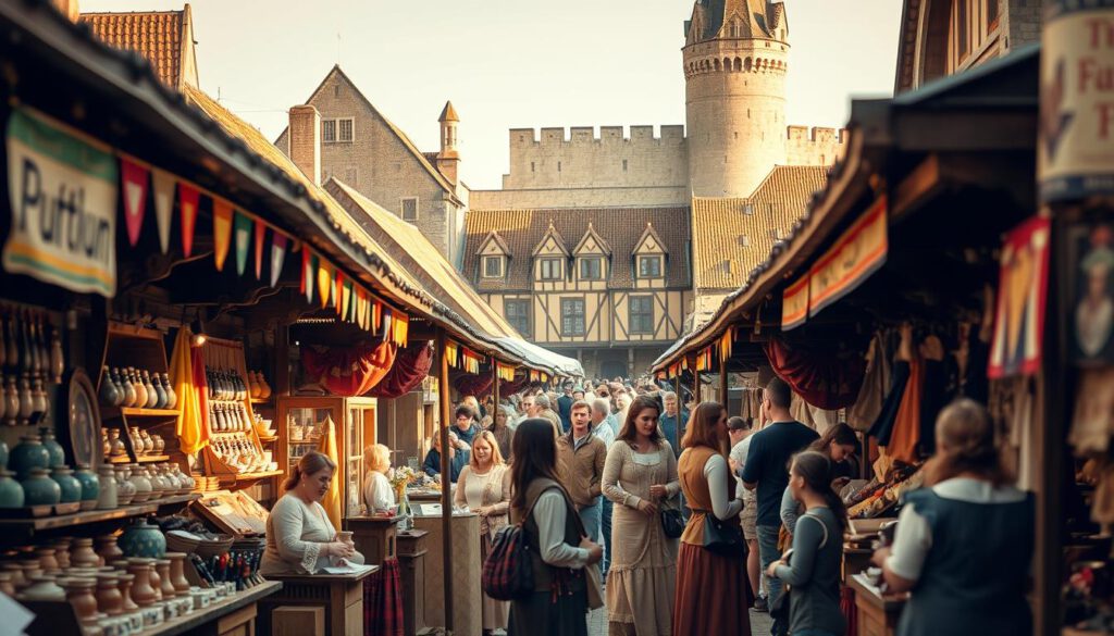 A vibrant medieval marketplace scene during "Mittelalterwoche" in Visby, Sweden, bustling with vendors and visitors. In the foreground, a variety of stalls are adorned with colorful banners and handmade goods such as pottery, crafts, and textiles. Merchants in modest medieval attire engage with customers, showcasing their wares. The middle ground features lively interactions with families and groups of friends exploring the market, adding warmth and excitement to the atmosphere. In the background, the impressive medieval architecture of Visby creates a historic setting, bathed in warm, golden sunlight, enhancing the inviting and festive mood. Shot with a Sony A7R IV at 70mm, the image is sharply defined with a polarized filter, capturing the rich colors and details of the scene. A vibrant medieval marketplace scene during "Mittelalterwoche" in Visby, Sweden, bustling with vendors and visitors. In the foreground, a variety of stalls are adorned with colorful banners and handmade goods such as pottery, crafts, and textiles. Merchants in modest medieval attire engage with customers, showcasing their wares. The middle ground features lively interactions with families and groups of friends exploring the market, adding warmth and excitement to the atmosphere. In the background, the impressive medieval architecture of Visby creates a historic setting, bathed in warm, golden sunlight, enhancing the inviting and festive mood. Shot with a Sony A7R IV at 70mm, the image is sharply defined with a polarized filter, capturing the rich colors and details of the scene.