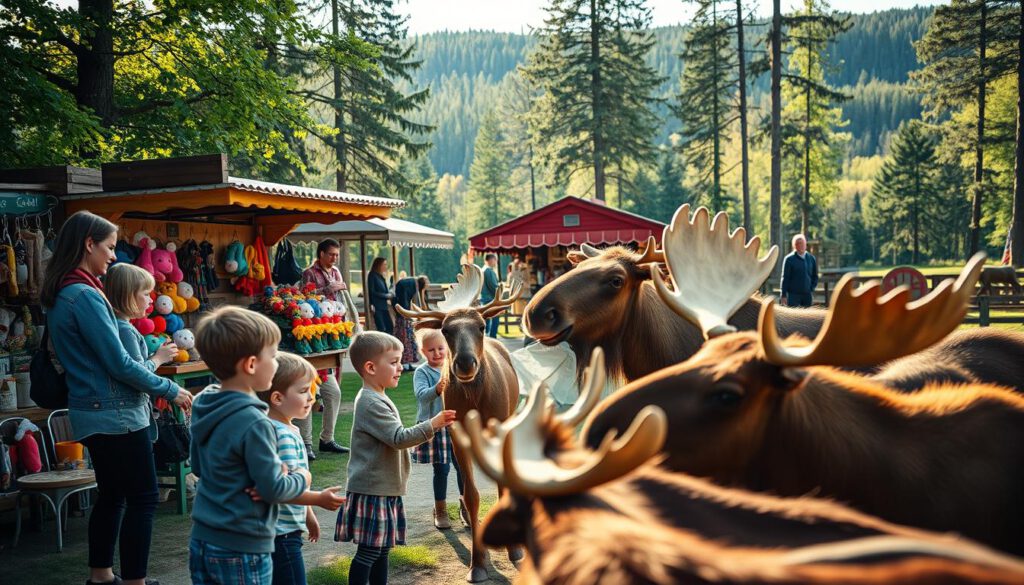 A vibrant scene at the Elchpark in Småland, featuring children joyfully engaging in activities like feeding and petting friendly moose amid lush greenery. In the foreground, a group of children, wearing casual clothing, are excitedly interacting with the animals, while nearby parents observe with delight. The middle layer captures colorful souvenir stalls filled with plush moose toys, handmade crafts, and local snacks, enticing visitors to explore. In the background, the serene natural landscape of Småland’s forests and gentle hills creates a peaceful backdrop, with soft sunlight filtering through the trees, adding warmth to the atmosphere. Shot on Sony A7R IV with a 70mm lens, clearly focused with sharp details, and enhanced by a polarized filter to enrich colors. The mood is cheerful and family-friendly, evoking a sense of adventure and connection with nature.