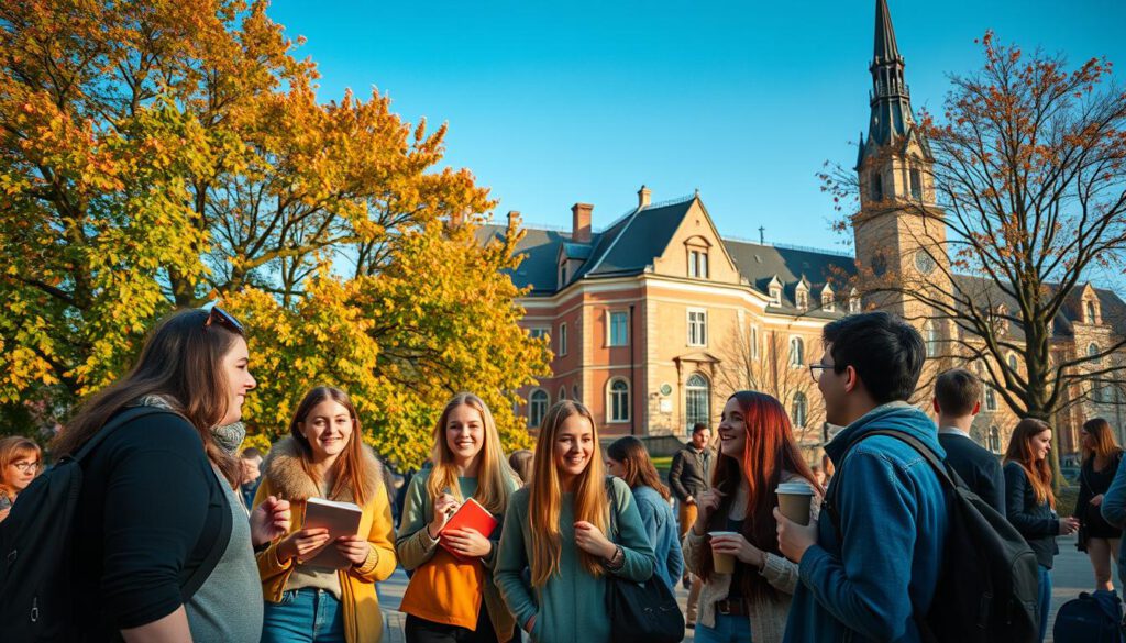 A vibrant scene capturing student life in Lund, Sweden, featuring a diverse group of university students engaging in cultural activities in a lively outdoor setting. In the foreground, students in modest casual clothing are immersed in conversation and laughter, holding books and coffee cups. The middle ground showcases a historic 19th-century building with a distinct architectural style, surrounded by trees adorned with colorful leaves, hinting at early autumn. The background includes the iconic Lund Cathedral, prominently displayed under a clear blue sky. The lighting is warm and inviting, enhancing the cheerful atmosphere, while the composition is shot at 70mm with a Sony A7R IV, resulting in sharp details and vibrant colors, emphasizing the joy and vibrancy of student life. A vibrant scene capturing student life in Lund, Sweden, featuring a diverse group of university students engaging in cultural activities in a lively outdoor setting. In the foreground, students in modest casual clothing are immersed in conversation and laughter, holding books and coffee cups. The middle ground showcases a historic 19th-century building with a distinct architectural style, surrounded by trees adorned with colorful leaves, hinting at early autumn. The background includes the iconic Lund Cathedral, prominently displayed under a clear blue sky. The lighting is warm and inviting, enhancing the cheerful atmosphere, while the composition is shot at 70mm with a Sony A7R IV, resulting in sharp details and vibrant colors, emphasizing the joy and vibrancy of student life.