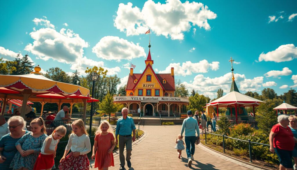 A vibrant scene capturing the charm of "Kneippbyn" amusement park, showcasing the colorful attractions inspired by Pippi Longstocking. In the foreground, families with children are enjoying playful rides and whimsical structures, all depicted in modest casual clothing. The middle ground features Pippi's Villa Kunterbunt, with its signature bright colors and quirky architecture, surrounded by lush greenery and inviting pathways. The background presents a sparkling blue sky dotted with fluffy white clouds, enhancing the joyous atmosphere. Captured with a Sony A7R IV at 70mm, the image is sharply defined and clearly focused, utilizing a polarized filter to enrich colors and contrast, radiating a warm, cheerful mood that invites visitors into this magical world.