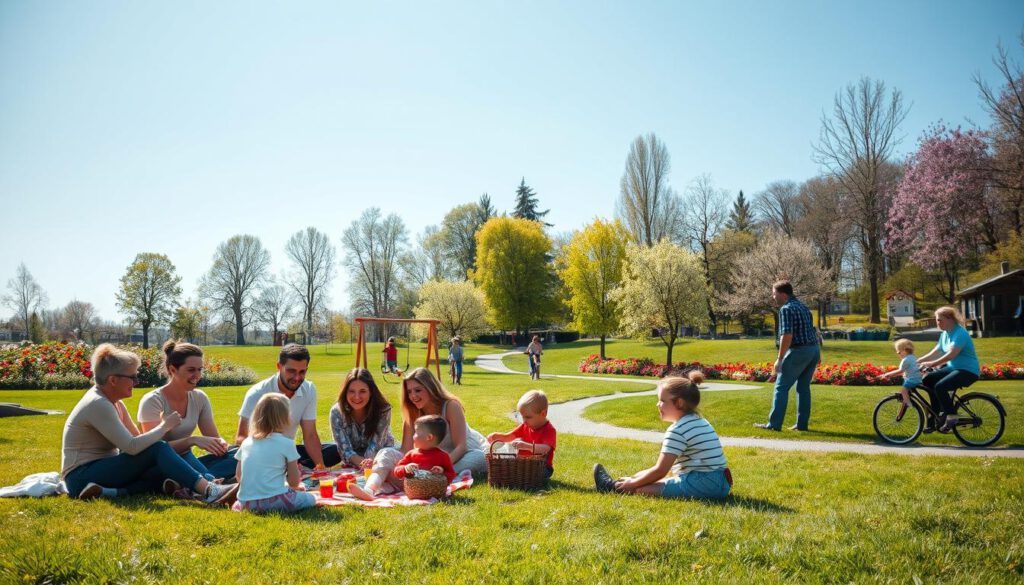 A vibrant scene depicting "Familienaktivitäten im Folkets Park" in Malmö, featuring families enjoying various activities together. In the foreground, a cheerful group of parents and children engage in a playful picnic on a lush green lawn, with a red-and-white checkered blanket and colorful picnic basket. In the middle ground, a small playground with children playing on swings and a slide, while others are riding bicycles along a winding path. The background showcases the beautiful park with blooming flowers and tall trees under a bright blue sky. The image should have a warm, sunny atmosphere, captured with a Sony A7R IV at 70mm, sharply focused with a polarized filter to enhance colors and clarity. A vibrant scene depicting "Familienaktivitäten im Folkets Park" in Malmö, featuring families enjoying various activities together. In the foreground, a cheerful group of parents and children engage in a playful picnic on a lush green lawn, with a red-and-white checkered blanket and colorful picnic basket. In the middle ground, a small playground with children playing on swings and a slide, while others are riding bicycles along a winding path. The background showcases the beautiful park with blooming flowers and tall trees under a bright blue sky. The image should have a warm, sunny atmosphere, captured with a Sony A7R IV at 70mm, sharply focused with a polarized filter to enhance colors and clarity.