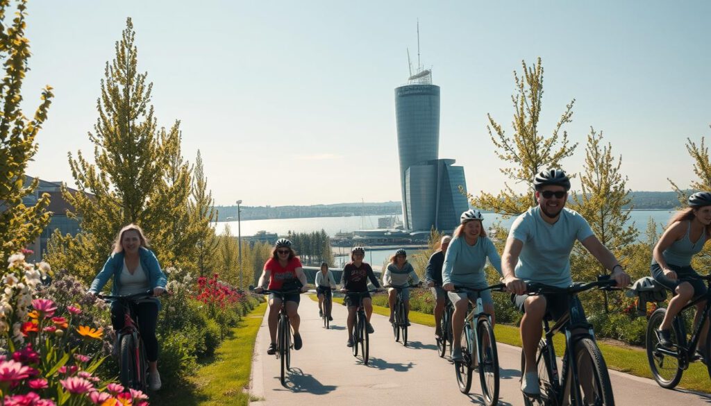 A vibrant scene depicting cyclists enjoying their time in Malmö, Sweden. In the foreground, a diverse group of individuals in casual attire rides along a picturesque bike path lined with blooming flowers and tall green trees, embodying the active lifestyle of the city. The middle ground features iconic Malmö architecture, such as the Turning Torso, in bright sunlight, enhancing the urban yet natural feel. In the background, the Öresund Strait sparkles under a clear blue sky, adding a peaceful ambiance. The image is shot with a Sony A7R IV at 70mm, using a polarized filter for crisp, vivid details and sharp focus. The overall mood is joyful and inviting, showcasing the enjoyment of cycling in the bike-friendly city of Malmö. A vibrant scene depicting cyclists enjoying their time in Malmö, Sweden. In the foreground, a diverse group of individuals in casual attire rides along a picturesque bike path lined with blooming flowers and tall green trees, embodying the active lifestyle of the city. The middle ground features iconic Malmö architecture, such as the Turning Torso, in bright sunlight, enhancing the urban yet natural feel. In the background, the Öresund Strait sparkles under a clear blue sky, adding a peaceful ambiance. The image is shot with a Sony A7R IV at 70mm, using a polarized filter for crisp, vivid details and sharp focus. The overall mood is joyful and inviting, showcasing the enjoyment of cycling in the bike-friendly city of Malmö.