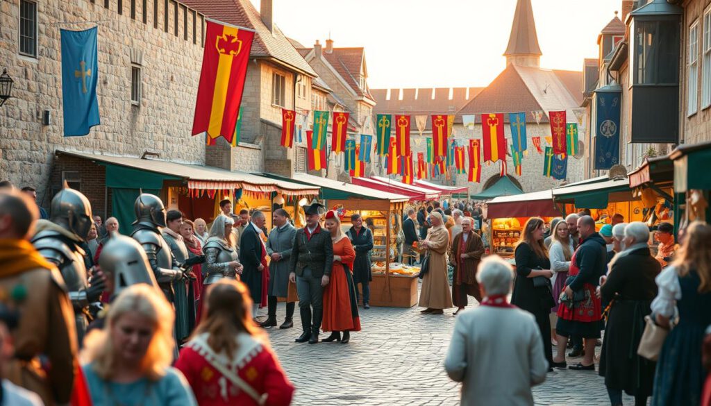 A vibrant scene depicting the concept behind "Mittelalterwoche" in Visby, showcasing a lively medieval festival atmosphere. In the foreground, a diverse group of people dressed in meticulously detailed medieval clothing, including knights, merchants, and villagers, engaging in lively conversation and activities. In the middle ground, colorful market stalls displaying handcrafted goods, food, and traditional crafts, surrounded by banners and flags fluttering in the breeze. The background features the historic architecture of Visby, with its ancient stone walls and cobblestone streets, bathed in warm, golden evening light. Shot using a Sony A7R IV at 70mm, with a polarized filter for enhanced color vibrancy and sharply defined details, evoking a sense of joy and community spirit. A vibrant scene depicting the concept behind "Mittelalterwoche" in Visby, showcasing a lively medieval festival atmosphere. In the foreground, a diverse group of people dressed in meticulously detailed medieval clothing, including knights, merchants, and villagers, engaging in lively conversation and activities. In the middle ground, colorful market stalls displaying handcrafted goods, food, and traditional crafts, surrounded by banners and flags fluttering in the breeze. The background features the historic architecture of Visby, with its ancient stone walls and cobblestone streets, bathed in warm, golden evening light. Shot using a Sony A7R IV at 70mm, with a polarized filter for enhanced color vibrancy and sharply defined details, evoking a sense of joy and community spirit.