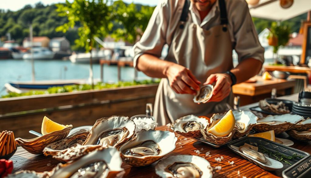 A vibrant scene depicting the experience of oyster opening in Trollhättan, with a skilled chef, wearing a professional apron and modest attire, focused on delicately prying open a fresh oyster. In the foreground, the oyster shells glisten under soft, natural lighting, showcasing the glistening flesh inside. The middle ground features an elegant wooden table adorned with freshly harvested oysters, sea salt, and garnishes like lemon wedges and herbs. In the background, a scenic view of Trollhättan’s charming waterfront, framed by lush greenery and the serene flow of water. The image captures a warm and inviting atmosphere, emphasizing craftsmanship and culinary artistry. Shot on Sony A7R IV at 70mm, with clear focus and sharp definitions, enhanced by a polarized filter to enrich colors and contrast.