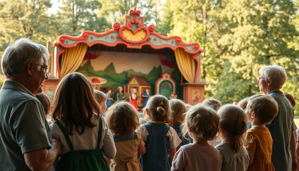 A vibrant scene from the interactive theater experiences in Astrid Lindgren's World, Vimmerby. In the foreground, a group of children and parents engage excitedly with a colorful puppet show, their faces lit with joy and wonder, dressed in casual, modest clothing. The middle ground features an enchanting stage set inspired by Astrid Lindgren's stories, adorned with whimsical, hand-painted backdrops of Fairytale landscapes. In the background, the lush greenery of the park creates a warm, inviting atmosphere under soft, golden sunlight. The image is captured with a Sony A7R IV at 70mm, providing a sharp focus on the characters and props while gently blurring the background, enhancing the mood of playful storytelling and shared family experiences.