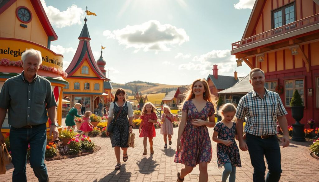 A vibrant scene in Astrid Lindgren's theme park, featuring whimsical characters inspired by her beloved stories. In the foreground, a family of four, dressed in modest, casual attire, explore a colorful play area filled with imaginative structures resembling elements from Lindgren's tales. In the middle ground, children joyfully interact with life-sized figures of characters like Pippi Longstocking and Emil, surrounded by bright flowers and playful decorations. The background showcases a sunny sky, with rolling hills and the iconic buildings of the park, creating a sense of adventure and nostalgia. The lighting is warm and inviting, captured using a Sony A7R IV with a 70mm lens, clearly focused and sharply defined, employing a polarized filter to enhance the colors and contrast in the scene, evoking a cheerful, enchanting atmosphere.