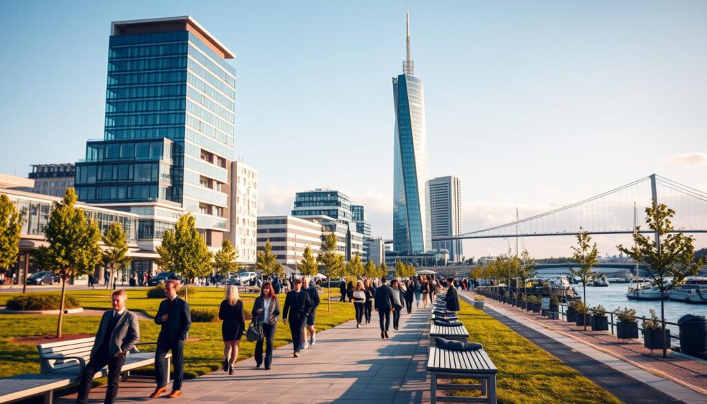 A vibrant scene of Västra Hamnen in Malmö, showcasing modern urban life. In the foreground, a charming waterfront park with green lawns, sleek benches, and trees, where people in professional business attire leisurely stroll or sit, enjoying the view. In the middle ground, contemporary buildings with innovative architectures, like glass facades and unique shapes, stand tall. Highlight the famous Turning Torso rising majestically in the distance, embodying modern design. The background features a clear blue sky and the Øresund Bridge, framed by soft clouds. The lighting is warm and golden, capturing the afternoon sun’s glow. Shot on a Sony A7R IV at 70mm, ensuring sharp focus and clarity, enhanced by a polarized filter to intensify colors and contrast. The overall mood is lively and inviting, reflecting the dynamic spirit of Västra Hamnen.