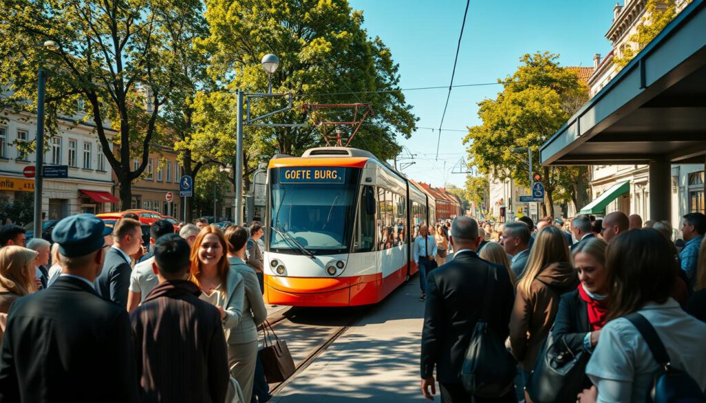 A vibrant scene of a Göteborg tram journey, showcasing a lively and colorful tram station filled with passengers. In the foreground, a diverse group of people in professional attire and casual clothing eagerly awaits their tram; their faces express excitement and anticipation. In the middle ground, a beautifully designed Göteborg tram approaches, its sleek lines and bright colors standing out against the station. The background features well-maintained streets lined with lush greenery and charming Swedish architecture, under a clear blue sky. The image is captured using a Sony A7R IV at 70mm, ensuring sharp focus and clarity. Light filters softly through the trees casting gentle shadows, creating a warm and inviting atmosphere that highlights the joy of urban exploration via tram.