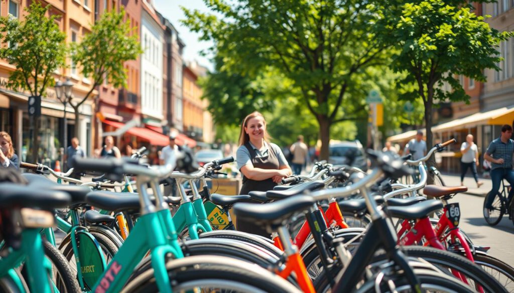 A vibrant scene showcasing a bustling bicycle rental shop in Malmö. In the foreground, several colorful bikes are neatly arranged, each with unique designs and rental signage. The middle ground reveals a friendly staff member in casual attire assisting a happy customer. The background features Malmö's iconic buildings and lush greenery, capturing the city's bicycle-friendly atmosphere. The image is taken with a Sony A7R IV at 70mm, creating a shallow depth of field that keeps the focus on the rental shop while gently blurring the bustling street behind. The lighting is bright and cheerful, indicative of a sunny day, enhancing the inviting mood of cycling in Malmö. No text or overlays in the image. A vibrant scene showcasing a bustling bicycle rental shop in Malmö. In the foreground, several colorful bikes are neatly arranged, each with unique designs and rental signage. The middle ground reveals a friendly staff member in casual attire assisting a happy customer. The background features Malmö's iconic buildings and lush greenery, capturing the city's bicycle-friendly atmosphere. The image is taken with a Sony A7R IV at 70mm, creating a shallow depth of field that keeps the focus on the rental shop while gently blurring the bustling street behind. The lighting is bright and cheerful, indicative of a sunny day, enhancing the inviting mood of cycling in Malmö. No text or overlays in the image.