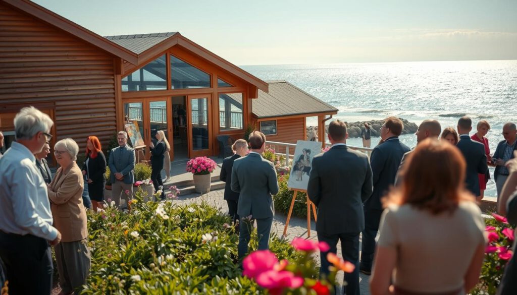 A vibrant scene showcasing events at Ribersborgs Kallbadhus, Malmö. In the foreground, a small gathering of people in professional business attire engages in discussions, with some viewing a local artist painting the serene seascape. The middle ground features a beautifully designed wooden structure of the Kallbadhus with its inviting glass facade, surrounded by blooming flowers and well-kept greenery. In the background, the shimmering waters of the ocean stretch towards the horizon under a bright, sunny sky, with gentle waves creating a peaceful atmosphere. The scene is captured using a Sony A7R IV camera with a 70mm lens, focused sharply to highlight the details, enhanced with a polarized filter to capture vivid colors and reflections. The mood is warm and inviting, perfect for a community event. A vibrant scene showcasing events at Ribersborgs Kallbadhus, Malmö. In the foreground, a small gathering of people in professional business attire engages in discussions, with some viewing a local artist painting the serene seascape. The middle ground features a beautifully designed wooden structure of the Kallbadhus with its inviting glass facade, surrounded by blooming flowers and well-kept greenery. In the background, the shimmering waters of the ocean stretch towards the horizon under a bright, sunny sky, with gentle waves creating a peaceful atmosphere. The scene is captured using a Sony A7R IV camera with a 70mm lens, focused sharply to highlight the details, enhanced with a polarized filter to capture vivid colors and reflections. The mood is warm and inviting, perfect for a community event.