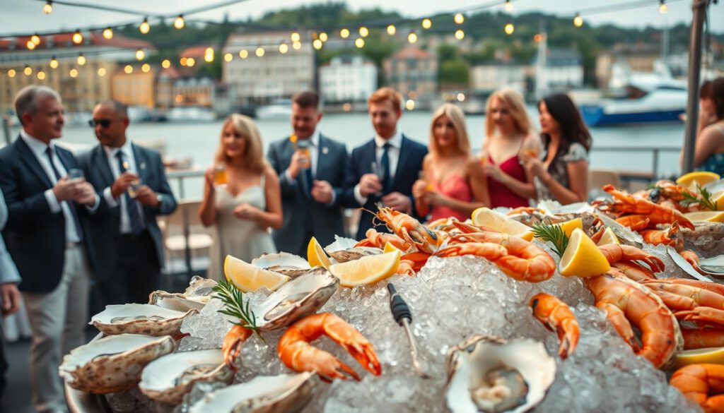 A vibrant seafood event in Göteborg, showcasing a variety of fresh seafood delicacies. In the foreground, an elegantly arranged seafood platter featuring oysters, shrimp, and crab, glistening with ice and garnished with lemon wedges and herbs. In the middle ground, a diverse group of attendees in professional business attire and casual elegant clothing, engaged in joyous conversation, holding drinks and small plates of seafood. The atmosphere is lively and festive, with decorative string lights softly illuminating the scene. In the background, a picturesque view of Göteborg's waterfront, with historic buildings and boats. The image is shot on a Sony A7R IV with a 70mm lens, clearly focused and sharply defined, utilizing a polarized filter to enhance colors and details, conveying a warm, inviting mood.