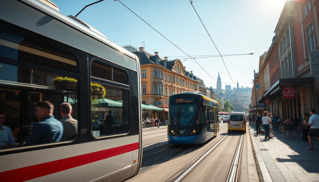 A vibrant street scene in Göteborg during a sunny day, showcasing the city's rich cultural life. In the foreground, a modern tram glides along the tracks, with passengers visible through the windows, dressed in casual yet professional attire. To the sides, lively cafes with colorful outdoor seating are bustling with people enjoying their time; greenery and potted plants enhance the ambience. In the middle ground, historic buildings and street art reflect Göteborg’s artistic spirit, complemented by musicians playing near the tram stop, adding a dynamic element. The background features the iconic Göteborg skyline under a clear blue sky, with soft sunlight casting warm shadows. The image is sharply defined, taken with a Sony A7R IV at 70mm, with a polarized filter enhancing colors and contrasts for a vivid atmosphere.
