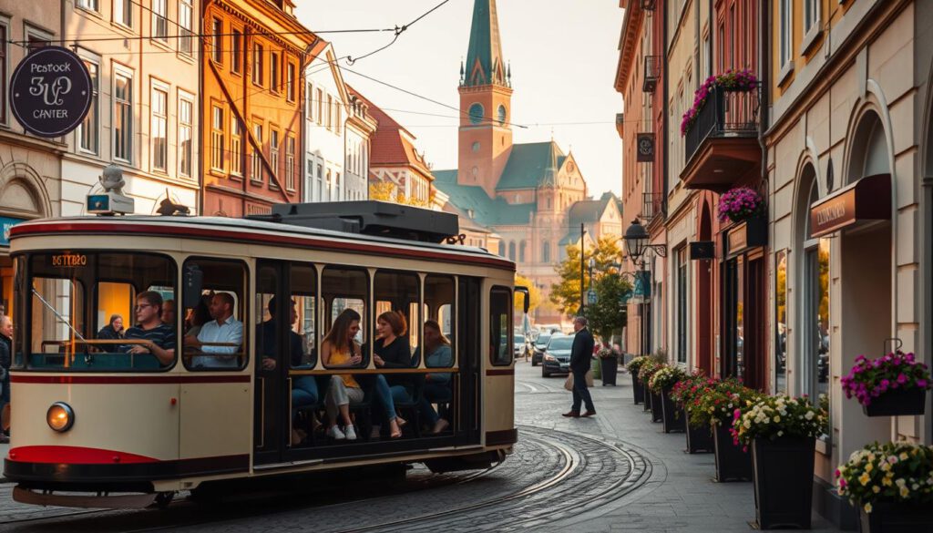 A vibrant street scene in Göteborg, showcasing a tram gliding smoothly along scenic pathways lined with charming old buildings. In the foreground, a stylish tram with a mix of locals and tourists inside, all dressed in casual, comfortable attire. The middle ground features colorful storefronts and blooming flower boxes, creating a lively atmosphere. In the background, the iconic Göteborg architecture, including a glimpse of the historic Masthugg Church, is bathed in warm, golden hour sunlight. The image is shot with a Sony A7R IV at 70mm, ensuring every detail is sharply defined with a polarized filter enhancing the colors and contrasts, adding to the overall inviting and exploratory mood of the city.