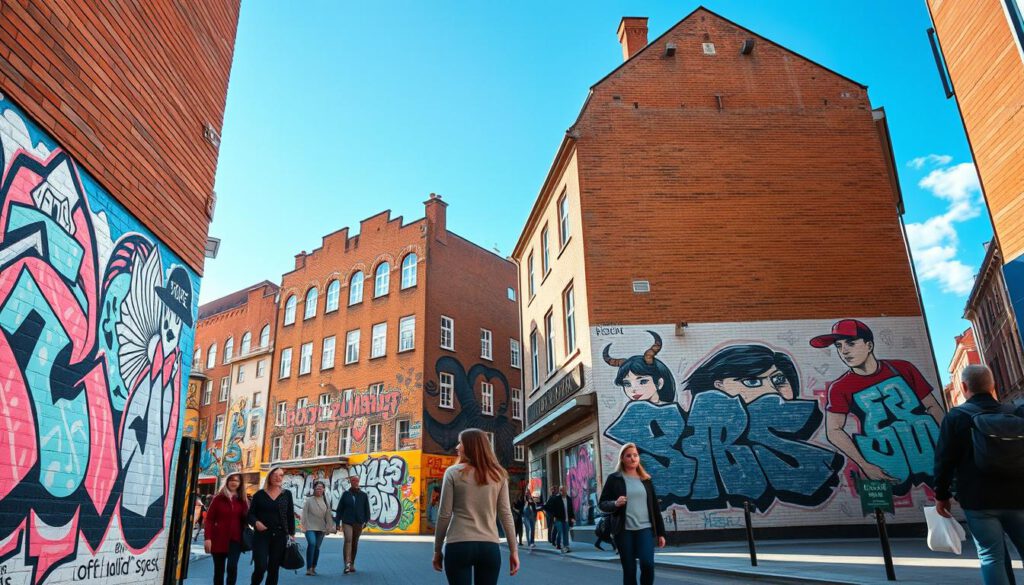 A vibrant street scene in Göteborg showcasing stunning murals that celebrate urban art culture. In the foreground, intricate and colorful graffiti murals depicting abstract shapes and local wildlife adorn the walls of sturdy brick buildings. The middle ground features pedestrians casually admiring the artwork, dressed in modest casual clothing, capturing the lively atmosphere. In the background, a clear blue sky filters sunlight onto the murals, enhancing their colors and details. The scene is shot with a Sony A7R IV at 70mm, clearly focused and sharply defined, using a polarized filter to enhance contrast and saturation. The mood is energetic and creative, inviting viewers to explore the street art that defines Göteborg’s urban landscape.