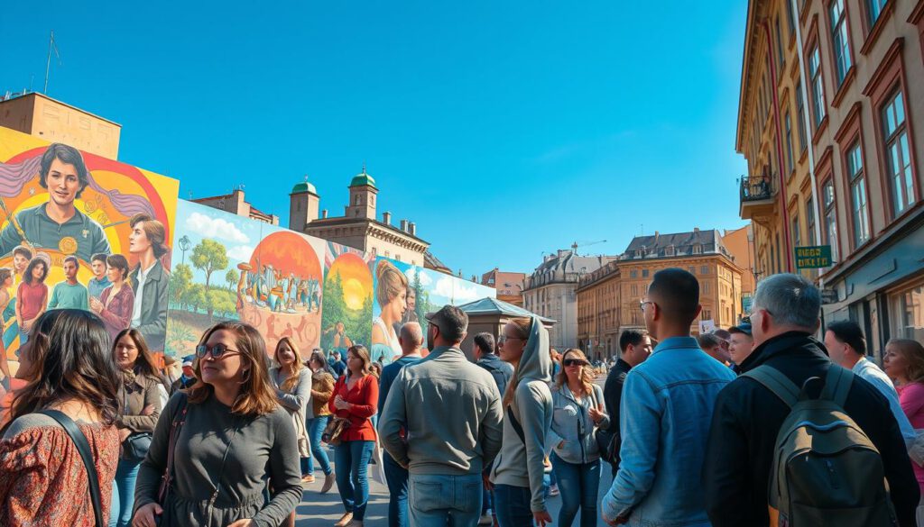 A vibrant street scene in Göteborg showcasing the influence of Artscape through colorful murals and urban art. In the foreground, a diverse group of people in modest casual clothing admire the artwork, with expressions of curiosity and wonder. The middle ground features stunning, large-scale murals depicting creative representations of local culture and nature, encompassing a mix of styles from abstract to realistic. In the background, iconic Göteborg architecture contrasts with the artistry, under a clear blue sky. The scene is captured with a Sony A7R IV using a 70mm lens, with sharp focus and vivid colors enhanced by a polarized filter. Bright yet balanced lighting creates an uplifting atmosphere, inviting viewers to explore the transformative effect of street art on the urban landscape.