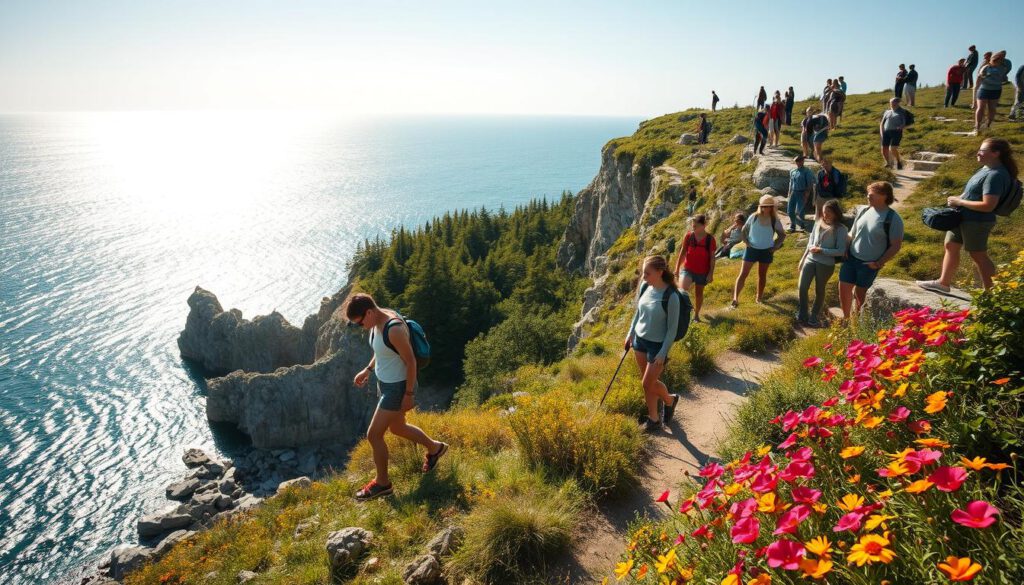 A vibrant summer scene on the picturesque island of Gotland, showcasing adventurous outdoor activities. In the foreground, a group of diverse individuals dressed in modest casual clothing are engaged in various activities such as kayaking and hiking along a rugged coastline. The middle ground features lush greenery and rocky cliffs, with participants exploring breathtaking trails and vibrant flowers. In the background, the serene Baltic Sea glistens under bright sunlight, enhancing the atmosphere of adventure and exploration. The image is captured with a Sony A7R IV at 70mm, employing a polarized filter to create clear focus and sharp definition. The lighting is bright and warm, evoking a joyful, adventurous mood, reflecting the essence of outdoor fun in nature. A vibrant summer scene on the picturesque island of Gotland, showcasing adventurous outdoor activities. In the foreground, a group of diverse individuals dressed in modest casual clothing are engaged in various activities such as kayaking and hiking along a rugged coastline. The middle ground features lush greenery and rocky cliffs, with participants exploring breathtaking trails and vibrant flowers. In the background, the serene Baltic Sea glistens under bright sunlight, enhancing the atmosphere of adventure and exploration. The image is captured with a Sony A7R IV at 70mm, employing a polarized filter to create clear focus and sharp definition. The lighting is bright and warm, evoking a joyful, adventurous mood, reflecting the essence of outdoor fun in nature.