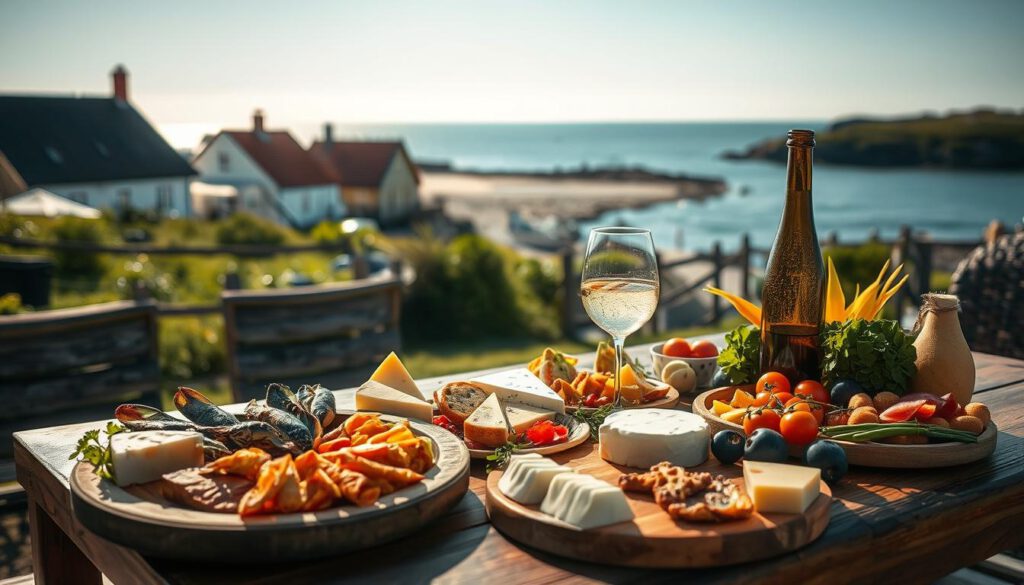 A vibrant summer scene showcasing culinary delights on Gotland. In the foreground, a beautifully arranged wooden table adorned with an array of local delicacies: fresh seafood, artisanal cheeses, and colorful seasonal vegetables. A glass of local white wine sparkles in the sunlight. The middle ground features a traditional Swedish coastal setting, with quaint cottages, lush greenery, and an inviting beach. In the background, the shimmering blue waters of the Baltic Sea reflect the clear sky. Soft, warm lighting enhances the inviting atmosphere, creating a sense of warmth and relaxation. This composition captures the essence of a food lover’s paradise in Gotland, shot with a Sony A7R IV at 70mm, showcasing clear details and sharp definitions with a polarized filter. A vibrant summer scene showcasing culinary delights on Gotland. In the foreground, a beautifully arranged wooden table adorned with an array of local delicacies: fresh seafood, artisanal cheeses, and colorful seasonal vegetables. A glass of local white wine sparkles in the sunlight. The middle ground features a traditional Swedish coastal setting, with quaint cottages, lush greenery, and an inviting beach. In the background, the shimmering blue waters of the Baltic Sea reflect the clear sky. Soft, warm lighting enhances the inviting atmosphere, creating a sense of warmth and relaxation. This composition captures the essence of a food lover’s paradise in Gotland, shot with a Sony A7R IV at 70mm, showcasing clear details and sharp definitions with a polarized filter.
