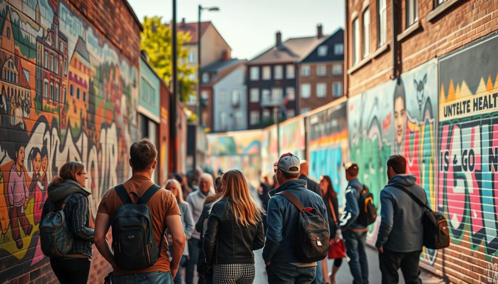 A vibrant urban scene depicting diverse street art in Göteborg, featuring colorful murals and graffiti on brick walls. In the foreground, a group of curious onlookers dressed in casual clothing examines an intricate mural portraying local culture and history. The middle ground showcases various street artworks that blend vibrant colors and creative designs, reflecting the unique character of the city. The background features typical Göteborg architecture, slightly blurred to emphasize the art. The scene is illuminated by warm, late afternoon sunlight, creating a welcoming atmosphere. Captured with a Sony A7R IV at 70mm, with a polarized filter ensuring clear focus and sharp definition, invoking a sense of discovery and appreciation for urban art.