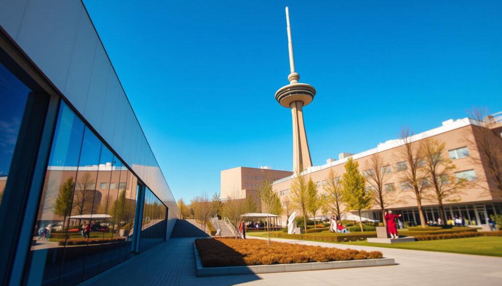 A vivid daytime scene showcasing the Moderna Museet Malmö, emphasizing its striking modern architecture and sleek lines. The foreground features the museum's glass facade reflecting sunlight, depicting an inviting entrance. The middle ground includes a landscaped area with well-maintained greenery and art installations, drawing visitors in. In the background, the iconic Turning Torso stands tall against a clear blue sky, showcasing Malmö’s skyline. Capture this scene with a Sony A7R IV at 70mm, ensuring sharp focus and defined details, utilizing a polarized filter to enhance colors. The atmosphere is vibrant and engaging, reflecting the fusion of contemporary art and culture in Malmö, inviting viewers to explore its artistic offerings.