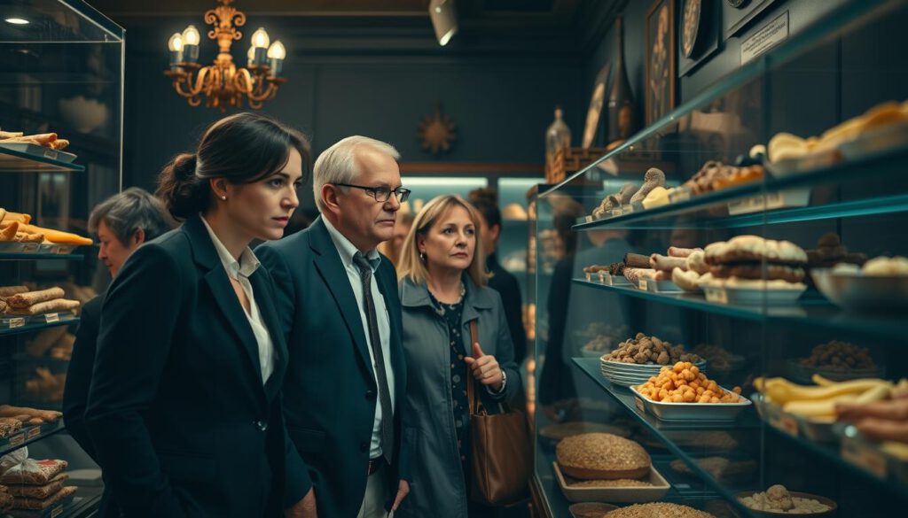 A vivid scene inside the Disgusting Food Museum in Malmö, capturing a diverse group of visitors immersed in their reactions to bizarre food exhibits. Foreground: A group of three people, dressed in professional business attire and modest casual clothing, leaning in with expressions of curiosity and mild disgust as they observe peculiar food items in glass cases. Middle: Various unusual foods displayed on shelves, including fermented delicacies and unusual snacks, illuminated by soft, focused lighting that highlights their textures. Background: The interior of the museum, adorned with dark walls and tasteful decor, creating a moody atmosphere. Shot on a Sony A7R IV at 70mm, with a polarized filter for clarity and sharp definition, evoking a sense of fascination and unease simultaneously. A vivid scene inside the Disgusting Food Museum in Malmö, capturing a diverse group of visitors immersed in their reactions to bizarre food exhibits. Foreground: A group of three people, dressed in professional business attire and modest casual clothing, leaning in with expressions of curiosity and mild disgust as they observe peculiar food items in glass cases. Middle: Various unusual foods displayed on shelves, including fermented delicacies and unusual snacks, illuminated by soft, focused lighting that highlights their textures. Background: The interior of the museum, adorned with dark walls and tasteful decor, creating a moody atmosphere. Shot on a Sony A7R IV at 70mm, with a polarized filter for clarity and sharp definition, evoking a sense of fascination and unease simultaneously.