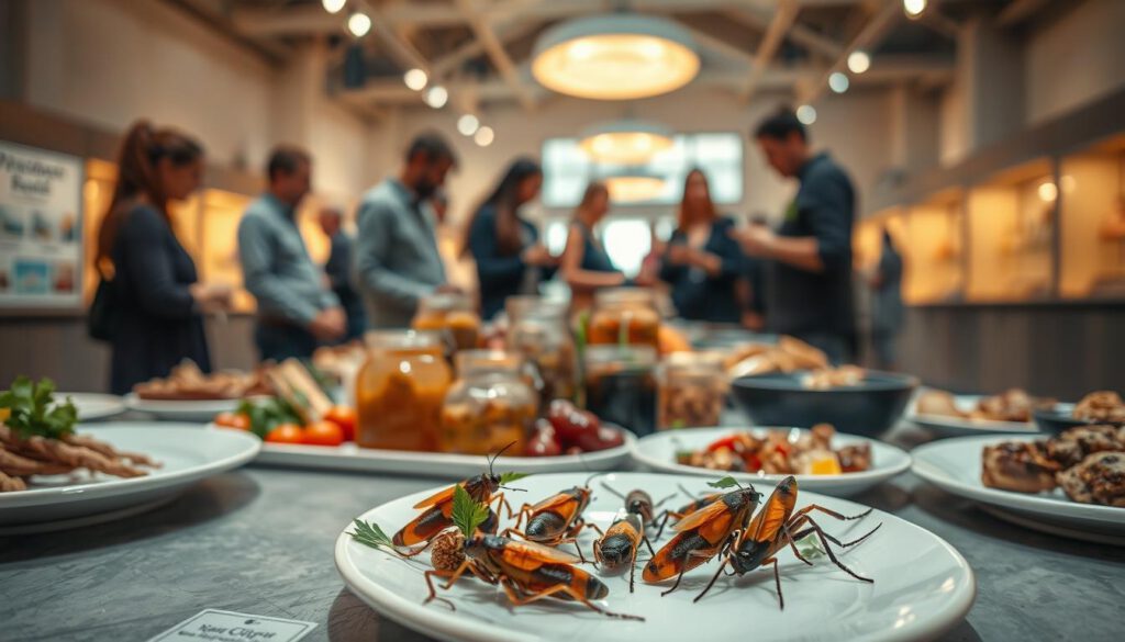 A well-arranged table showcasing a variety of unique and unusual dishes, reflecting "kulinarische Erlebnisse." In the foreground, focus on a small plate of vibrant, exotic insects, artfully garnished with fresh herbs. In the middle, a colorful spread includes jars of peculiar preserves and cooked delicacies, each presented artistically. The background features a brightly lit environment inside a modern, engaging museum space with curious visitors in modest casual clothing, studying the displays. The lighting is bright and inviting, cast with a slight warm glow, enhancing the atmosphere of discovery. Shot with a Sony A7R IV at 70mm, ensuring sharp detail and clarity, utilizing a polarized filter to make colors pop. The overall mood is one of intrigue and adventurous culinary exploration. A well-arranged table showcasing a variety of unique and unusual dishes, reflecting "kulinarische Erlebnisse." In the foreground, focus on a small plate of vibrant, exotic insects, artfully garnished with fresh herbs. In the middle, a colorful spread includes jars of peculiar preserves and cooked delicacies, each presented artistically. The background features a brightly lit environment inside a modern, engaging museum space with curious visitors in modest casual clothing, studying the displays. The lighting is bright and inviting, cast with a slight warm glow, enhancing the atmosphere of discovery. Shot with a Sony A7R IV at 70mm, ensuring sharp detail and clarity, utilizing a polarized filter to make colors pop. The overall mood is one of intrigue and adventurous culinary exploration.