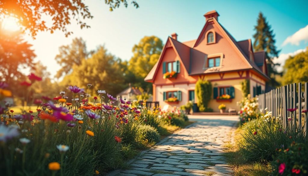 A whimsical pathway leading to Villa Kunterbunt, featuring vibrant colors and charming architecture. In the foreground, a cobblestone path lined with colorful wildflowers is visible, leading the viewer's eye toward the villa. The middle ground showcases the quirky, multi-colored exterior of the villa with its distinctive tilted roof and playful details like whimsical windows and flower boxes. In the background, lush green trees and a bright, sunny sky create an inviting atmosphere. The scene is illuminated with soft, warm sunlight, casting gentle shadows to enhance texture. Shot on a Sony A7R IV with a 70mm lens, the image is sharply focused with a polarized filter to enrich color saturation and contrast, evoking a sense of adventure and enchantment.