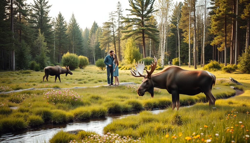 An expansive view of Laganland Elchpark in Småland, featuring majestic moose grazing peacefully in a lush, green landscape. In the foreground, a gentle stream weaves through vibrant wildflowers, with patches of soft grass. The middle ground showcases a family visiting the park, dressed in casual attire, observing the moose from a safe distance. In the background, dense forests of pine and birch create a serene natural setting, with dappled sunlight filtering through the leaves. The scene is shot on a Sony A7R IV at 70mm, with a polarizing filter to enhance the colors and contrast. The atmosphere is calming and inviting, capturing the essence of a perfect family day in the wild.