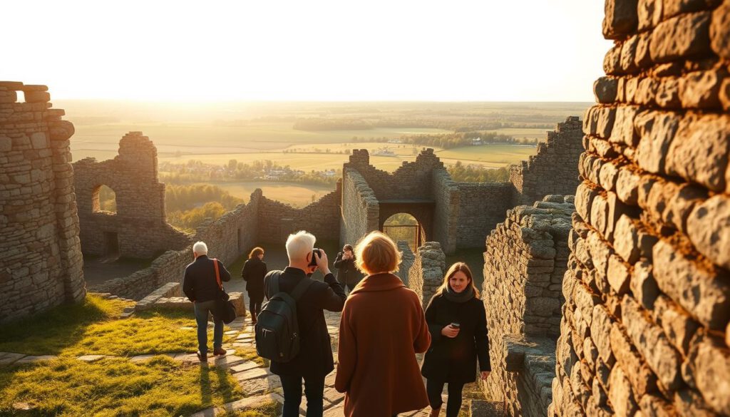 An impressive view of Schloss Borgholm, showcasing the majestic ruins of the castle situated on Öland, Sweden. In the foreground, a few visitors dressed in casual yet modest attire explore the stone walls, while capturing their impressions with cameras. The middle ground features the well-preserved sections of the castle, bathed in warm, golden sunlight during the golden hour, enhancing the textures of the ancient stones. In the background, a lush, green landscape stretches out towards the horizon, dotted with trees and gentle hills. The scene is shot with a Sony A7R IV at 70mm, providing sharp clarity and depth. The overall mood is inviting and contemplative, evoking the rich history and emotional experiences of those who visit the castle. A polarized filter enriches the colors and contrasts, giving the image a breathtaking vibrancy.
